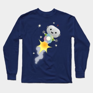 Cute robot flying in space cartoon illustration Long Sleeve T-Shirt